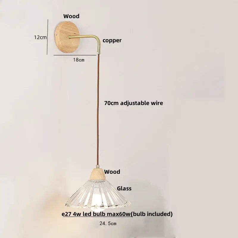 Modern copper and wood wall sconce with clear glass pull chain switch