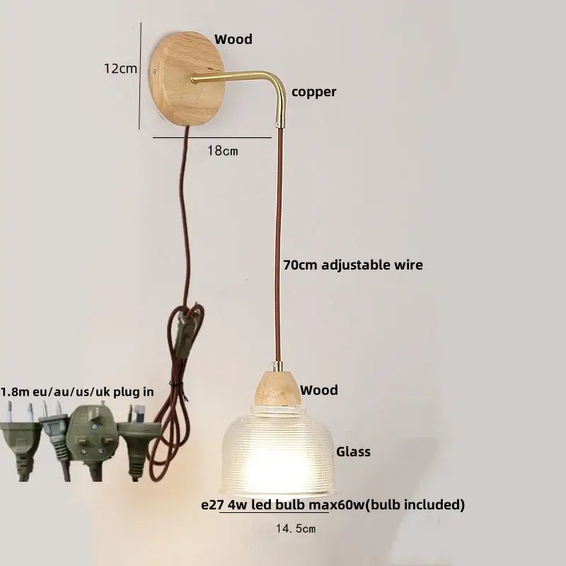 Modern copper and wood wall sconce with clear glass pull chain switch