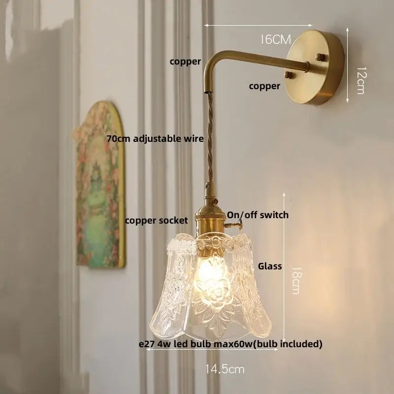 Modern copper etched glass led wall light fixture bedroom sconce