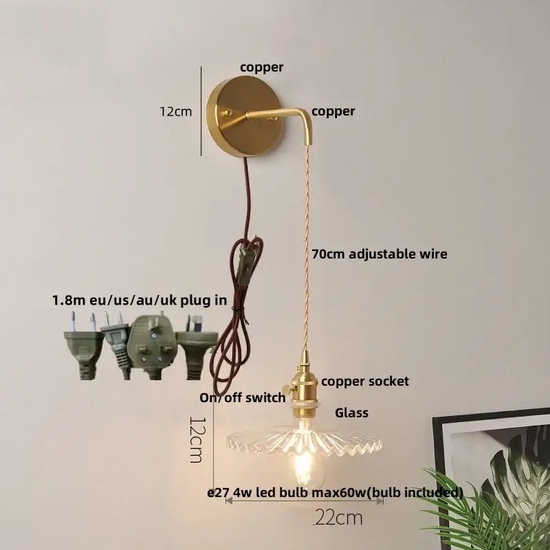 Modern copper etched glass led wall light fixture bedroom sconce