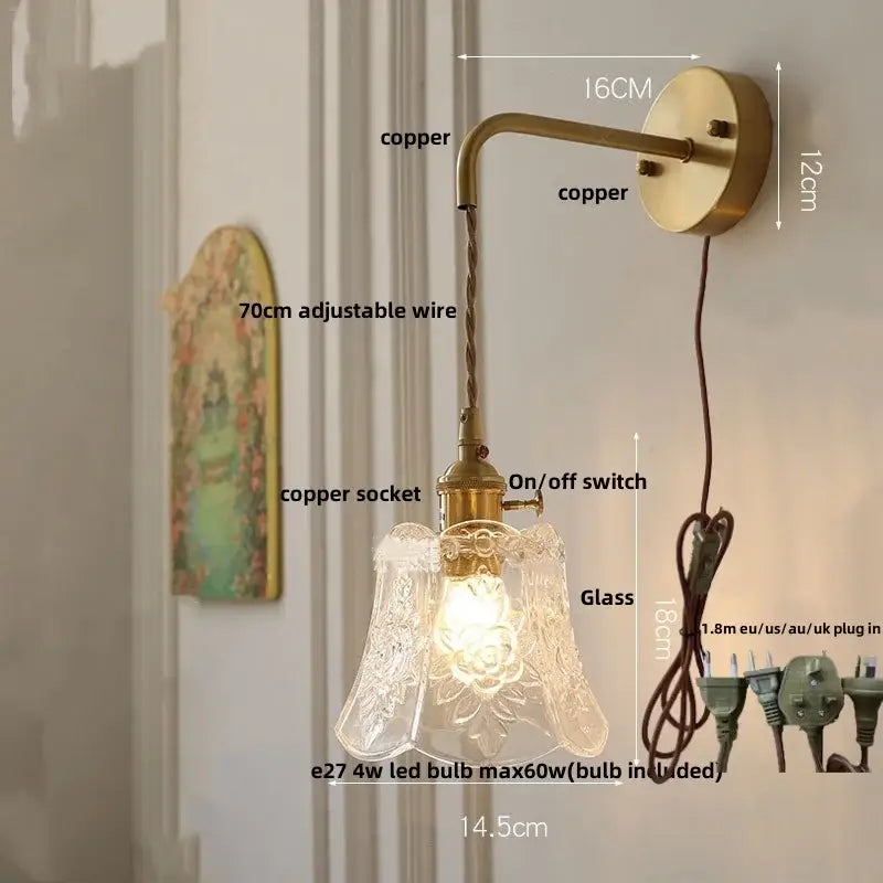 Modern copper etched glass led wall light fixture bedroom sconce