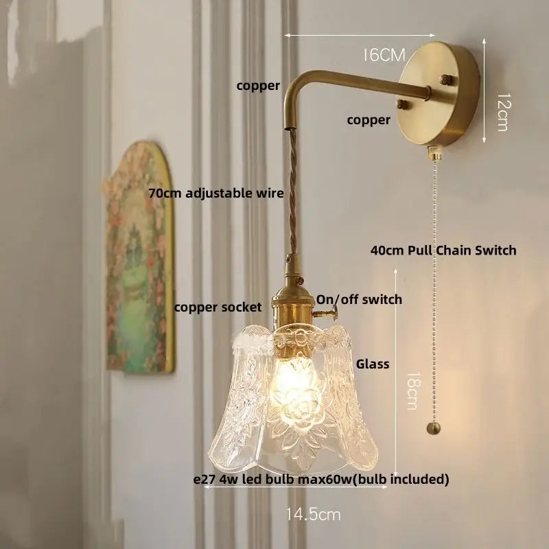 Modern copper etched glass led wall light fixture bedroom sconce