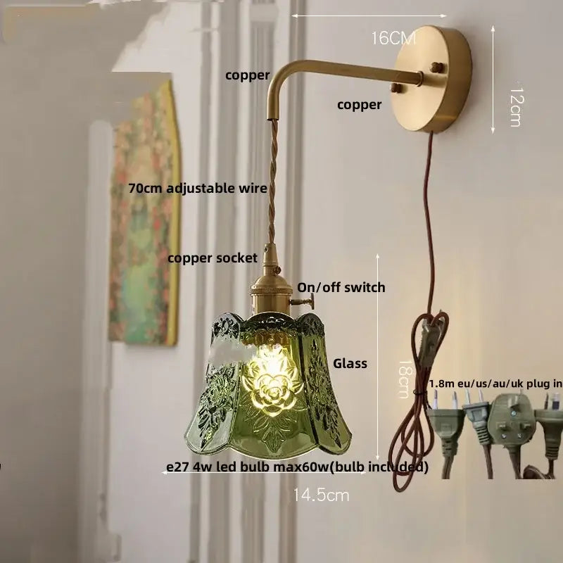 Modern copper etched glass led wall light fixture bedroom sconce