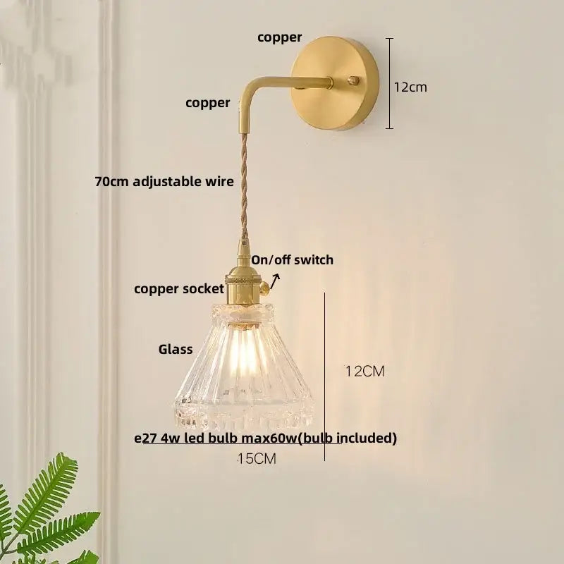 Modern copper etched glass led wall light fixture bedroom sconce