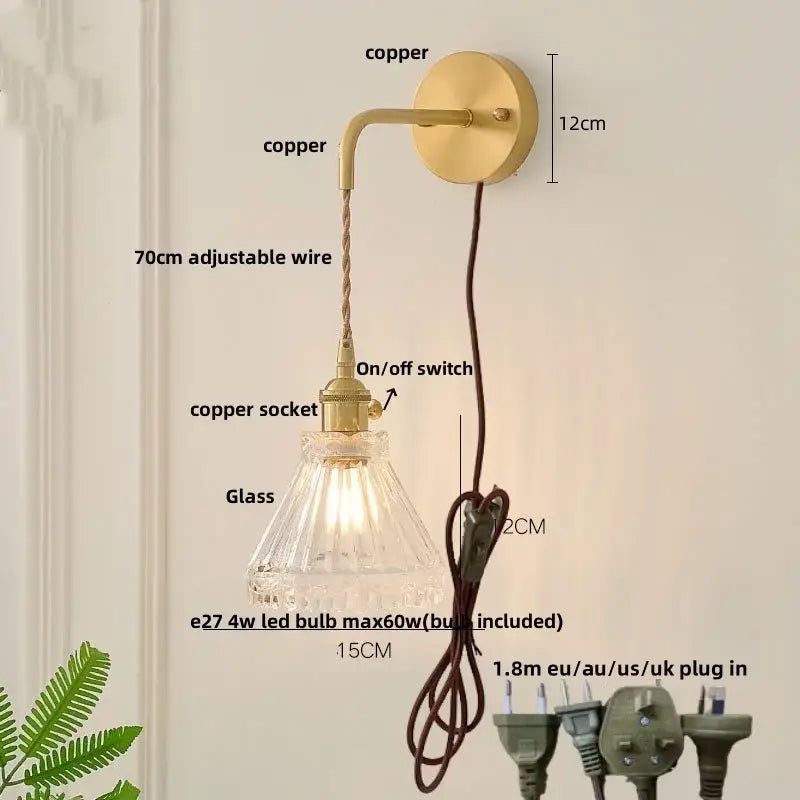 Modern copper etched glass led wall light fixture bedroom sconce