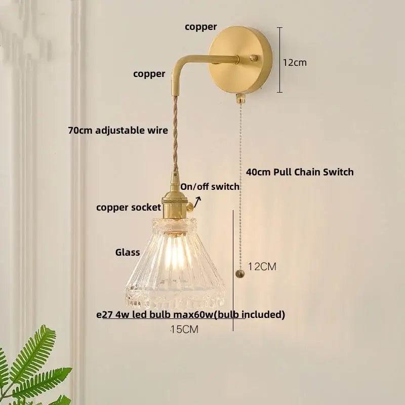 Modern copper etched glass led wall light fixture bedroom sconce