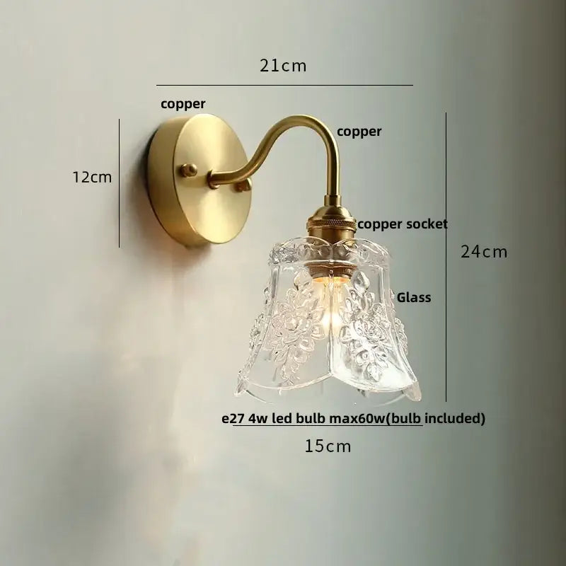 Modern copper wall sconce with clear glass bedroom pull chain light