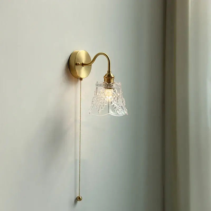 Modern copper wall sconce with clear glass bedroom pull chain light