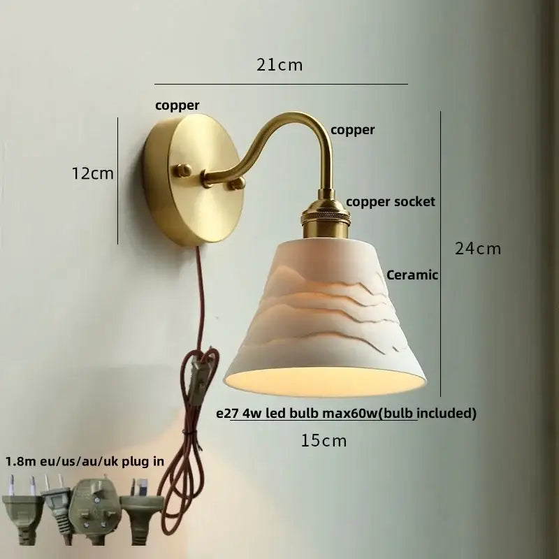 Modern copper wall sconce with clear glass bedroom pull chain light