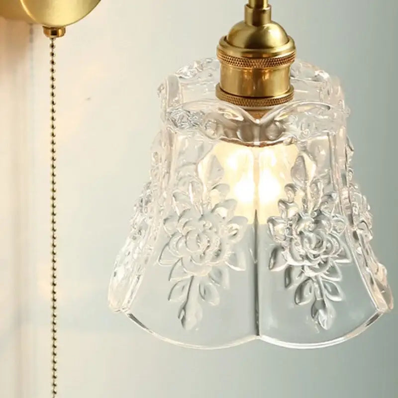 Modern copper wall sconce with clear glass bedroom pull chain light