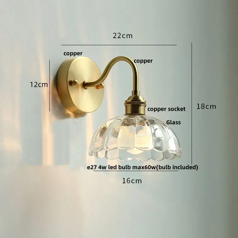 Modern copper wall sconce with clear glass bedroom pull chain light