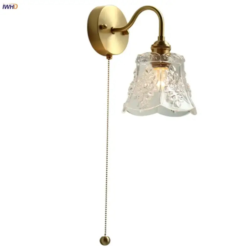 Modern copper wall sconce with clear glass bedroom pull chain light