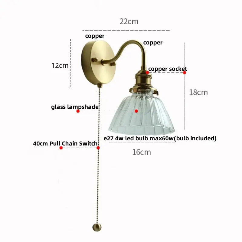 Modern copper wall sconce with clear glass bedroom pull chain light