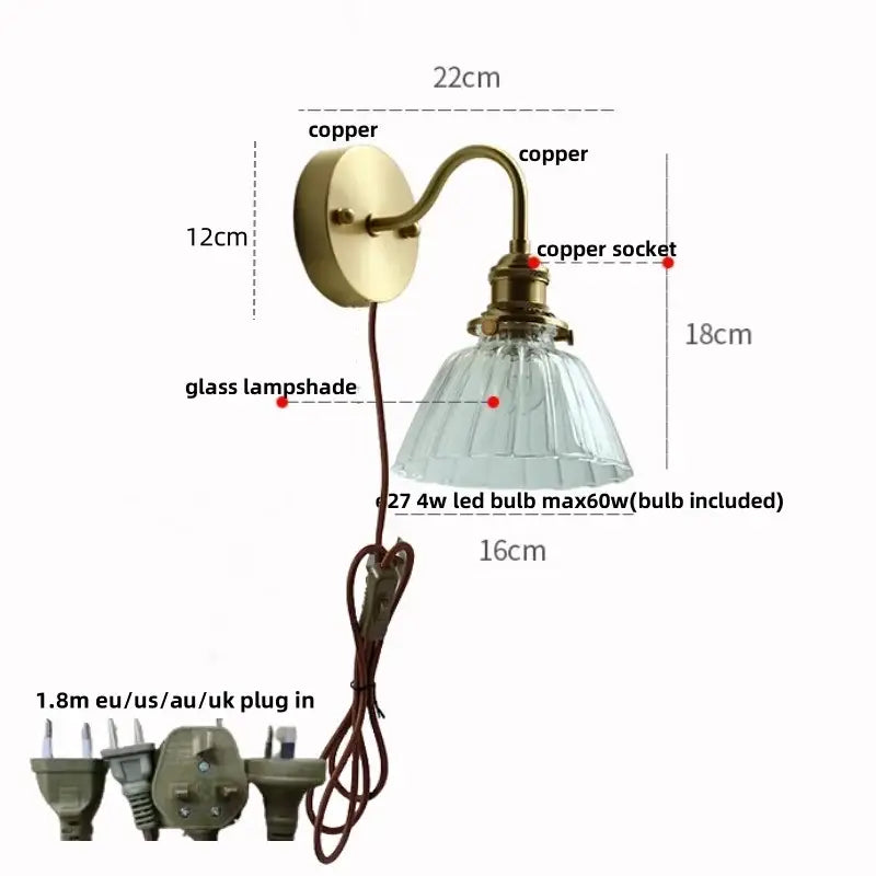 Modern copper wall sconce with clear glass bedroom pull chain light