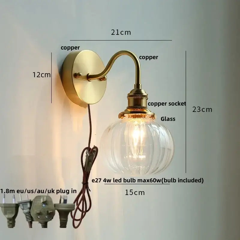 Modern copper wall sconce with clear glass bedroom pull chain light