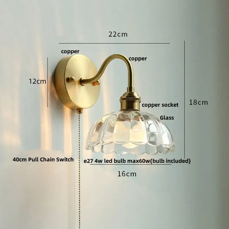 Modern copper wall sconce with clear glass bedroom pull chain light