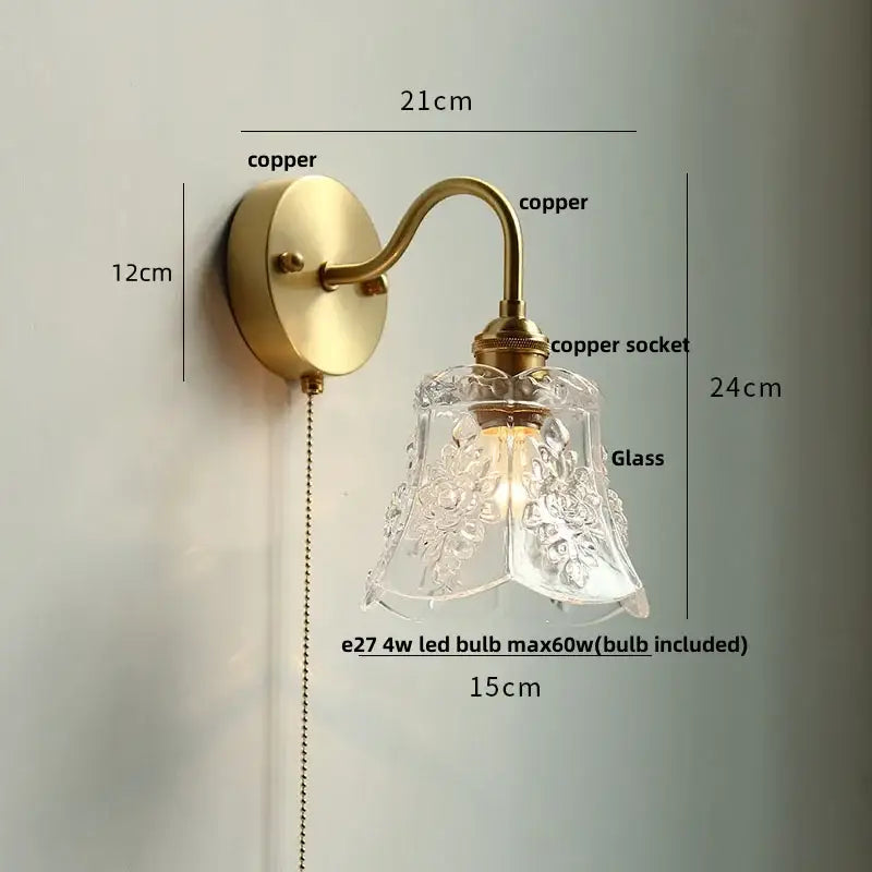 Modern copper wall sconce with clear glass bedroom pull chain light