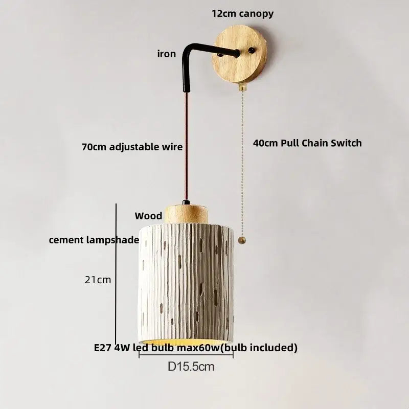 Modern cream ceramic and wood wall light bedroom pull chain switch