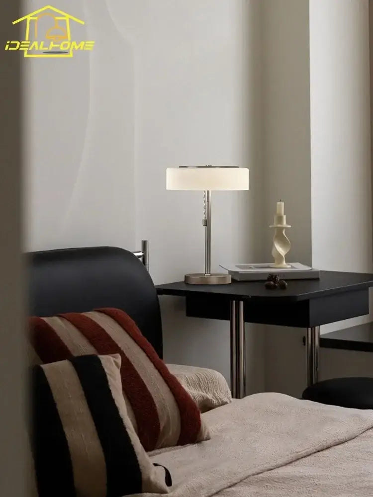 Modern cream glass table lamp bedroom brushed metal light