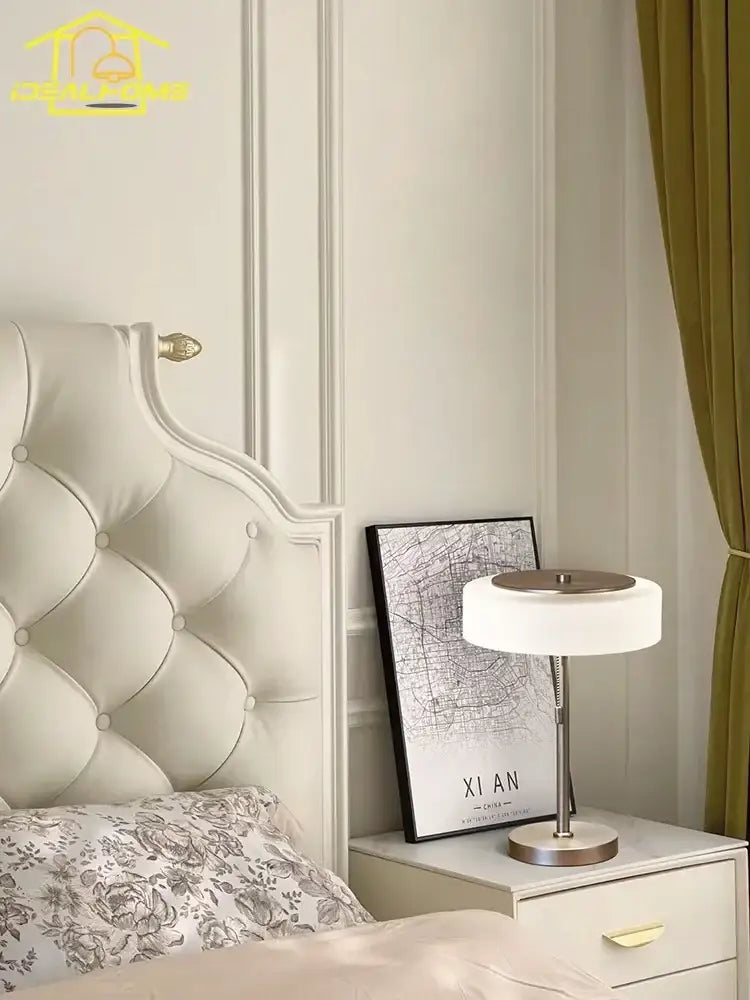 Modern cream glass table lamp bedroom brushed metal light