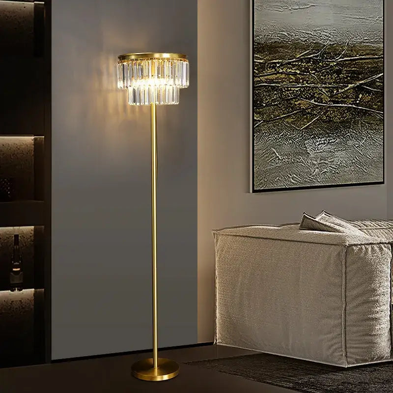Modern crystal brass floor lamp living room tiered gold light