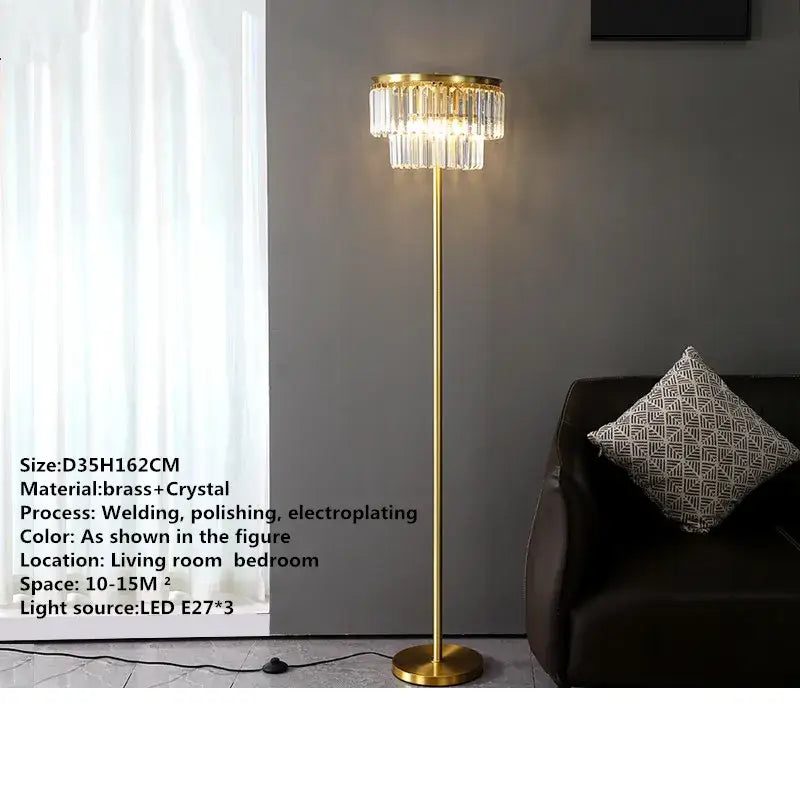 Modern crystal brass floor lamp living room tiered gold light