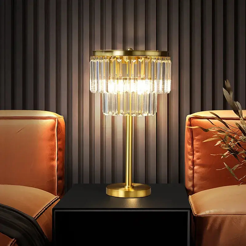 Modern crystal brass floor lamp living room tiered gold light