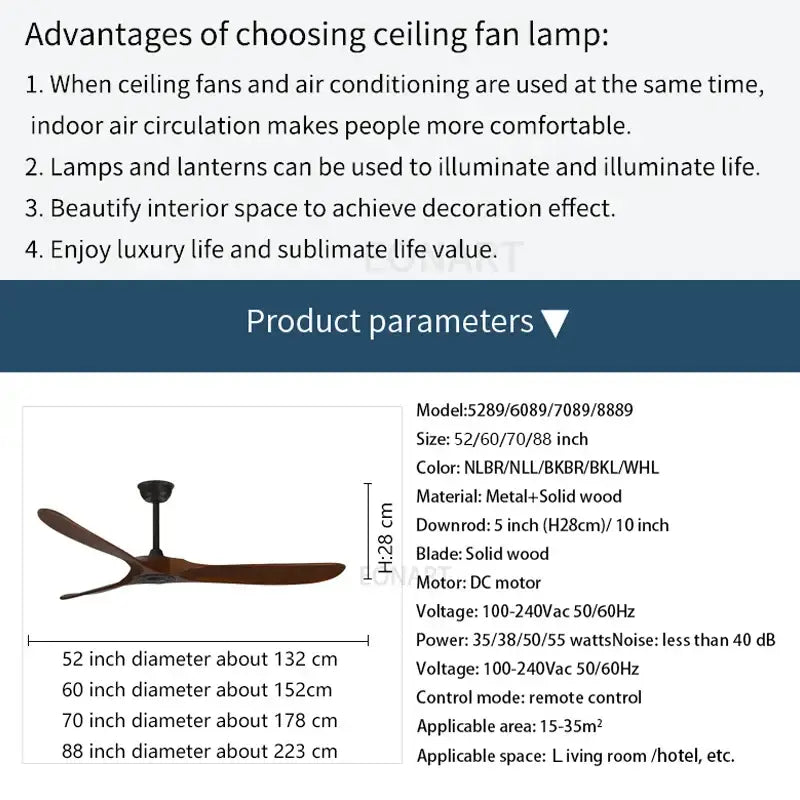 Modern dark brown solid wood dc ceiling fan living room