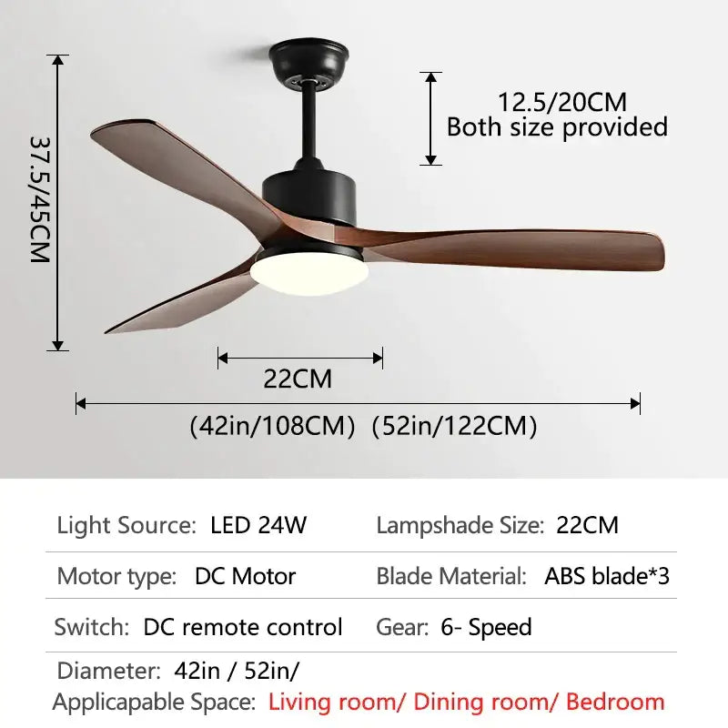 Modern dark brown wooden ceiling fan with led light bedroom remote