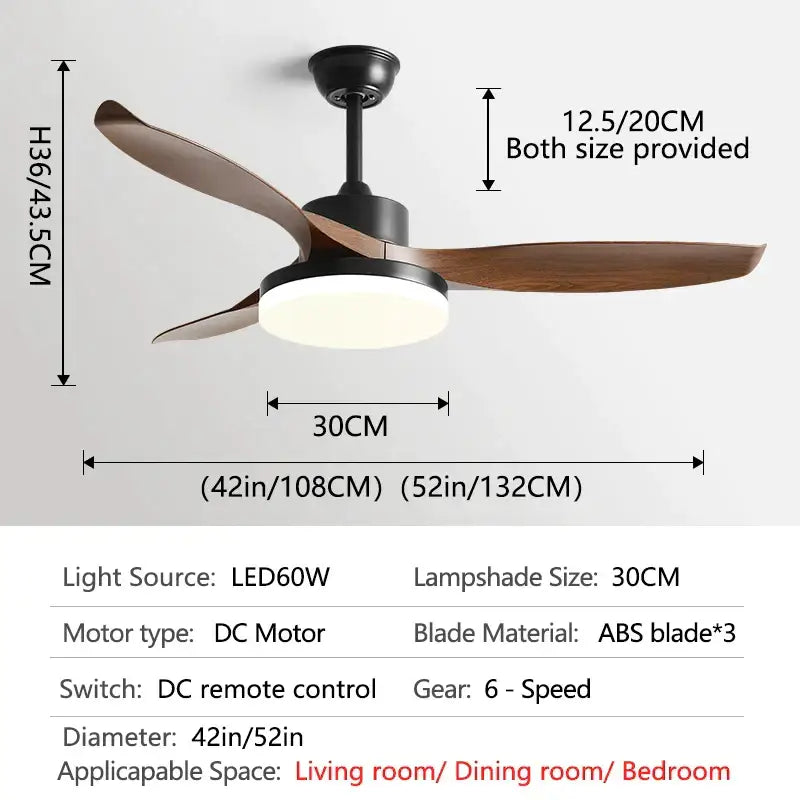 Modern dark wood ceiling fan with led light and remote control bedroom
