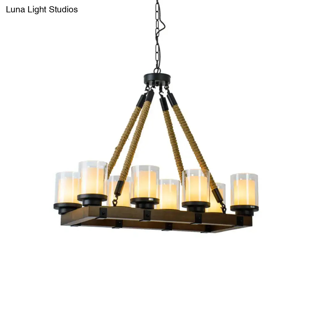 Modern dark wood island chandelier with white glass shade dining room
