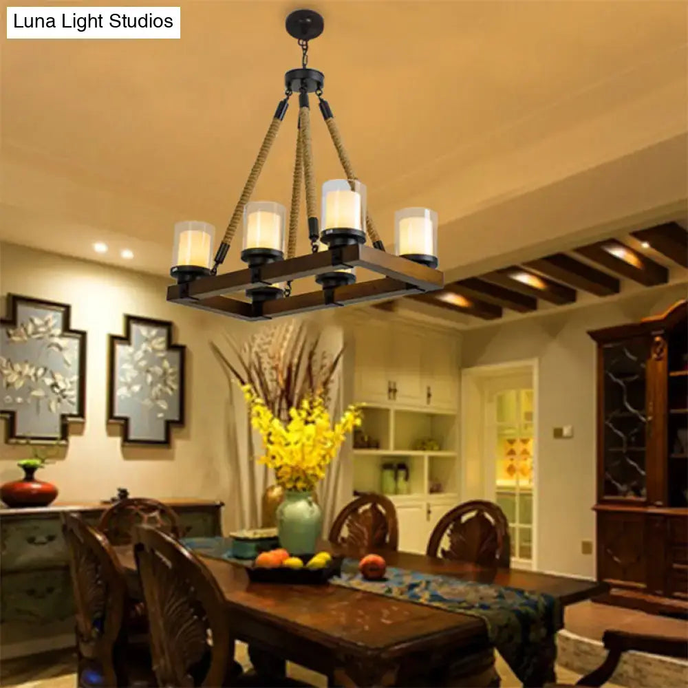 Modern dark wood island chandelier with white glass shade dining room