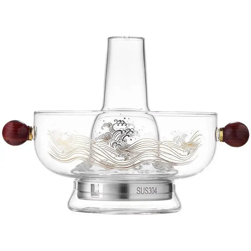 Modern etched glass hotpot with red wood handles kitchen cookware