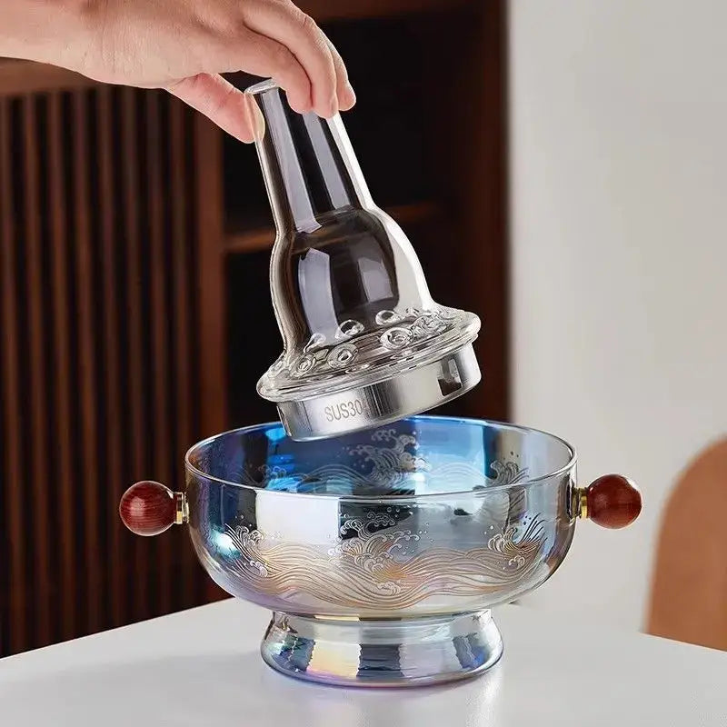 Modern etched glass hotpot with red wood handles kitchen cookware