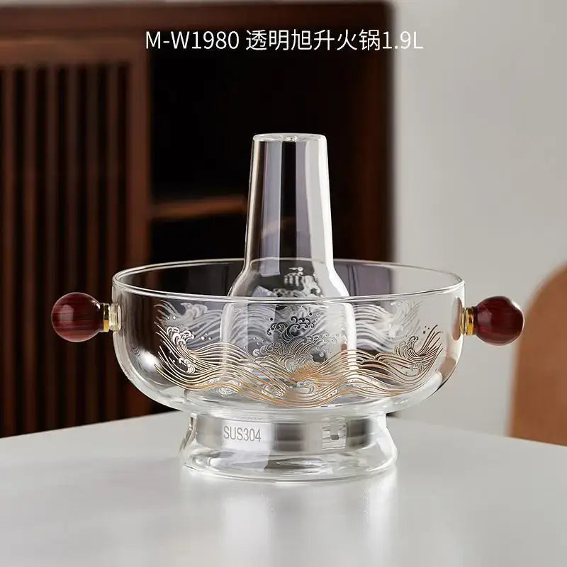 Modern etched glass hotpot with red wood handles kitchen cookware