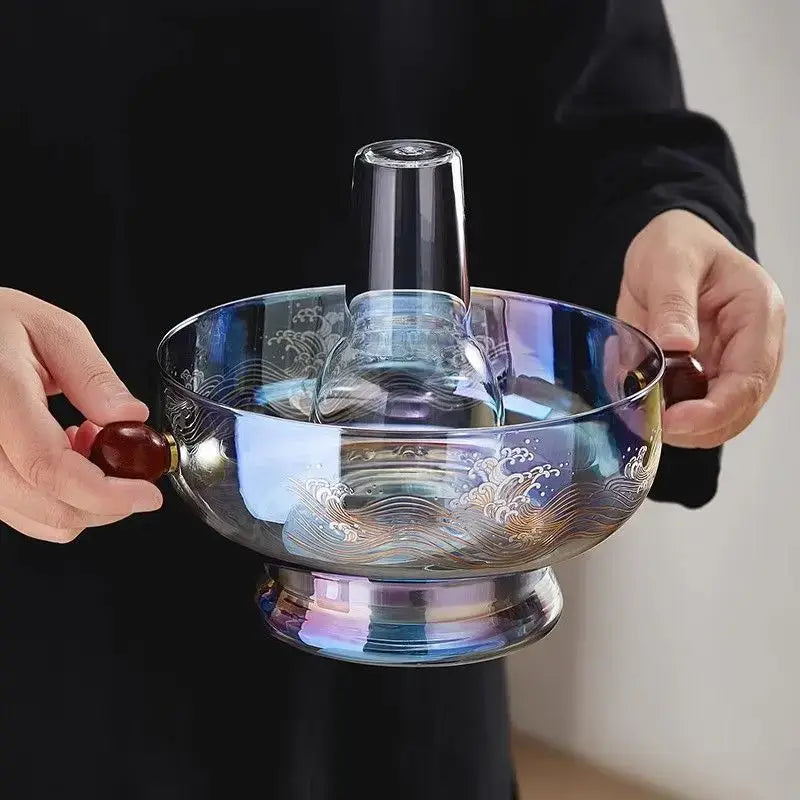 Modern etched glass hotpot with red wood handles kitchen cookware