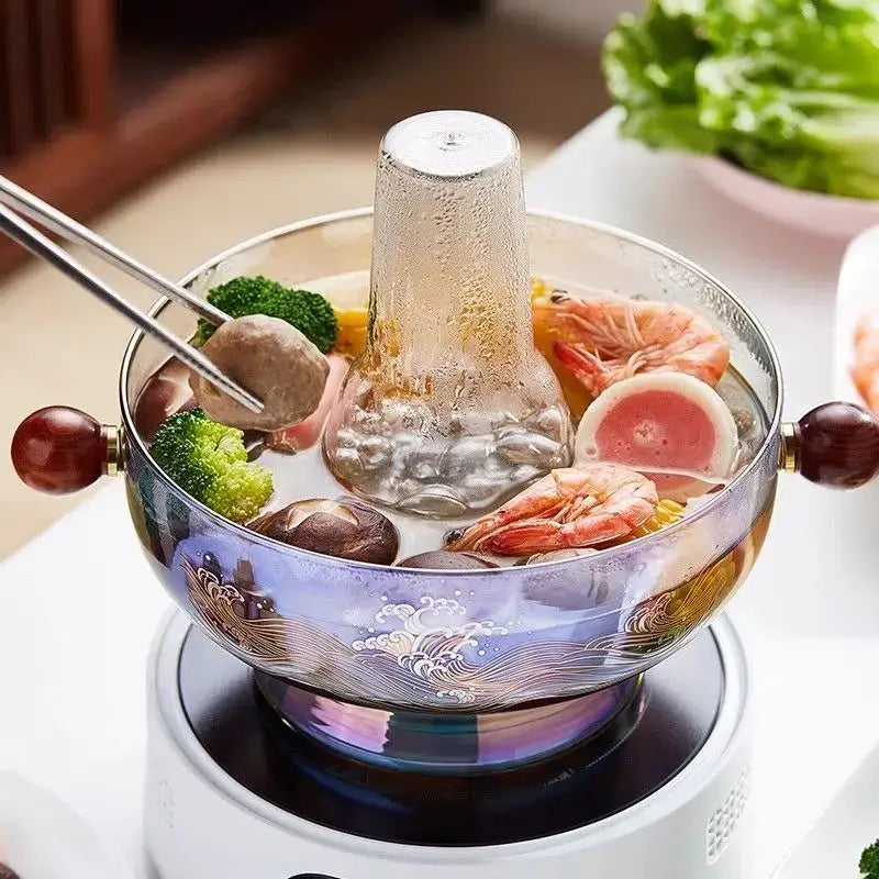 Modern etched glass hotpot with red wood handles kitchen cookware