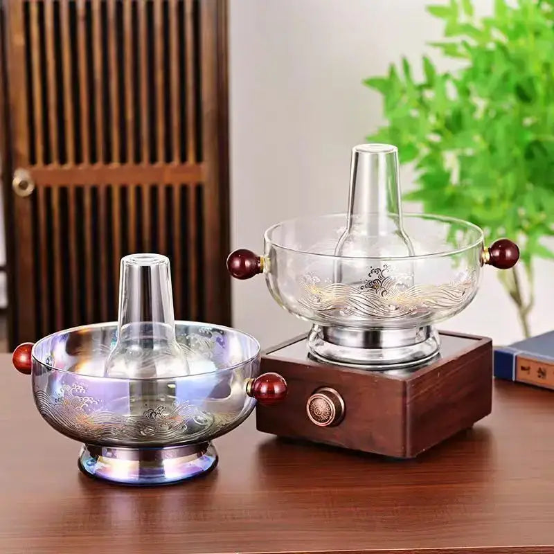 Modern etched glass hotpot with red wood handles kitchen cookware