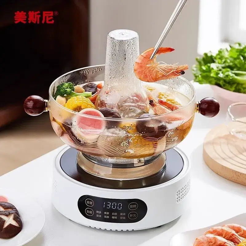 Modern etched glass hotpot with red wood handles kitchen cookware