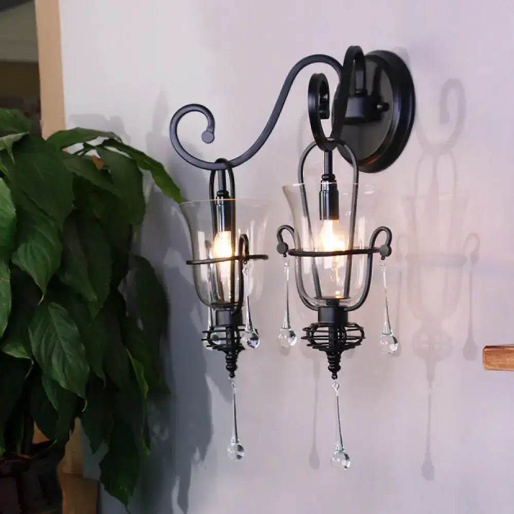 Modern flared black metal wall lamp with crystals bedroom sconce