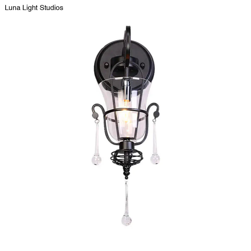 Modern flared black metal wall lamp with crystals bedroom sconce