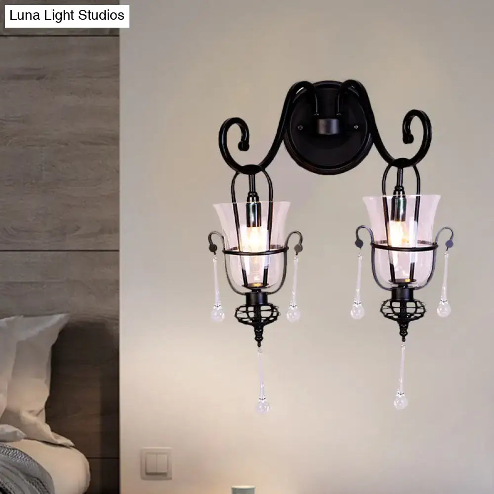 Modern flared black metal wall lamp with crystals bedroom sconce