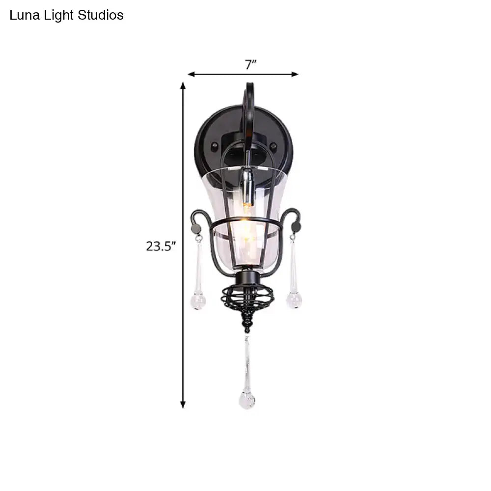 Modern flared black metal wall lamp with crystals bedroom sconce