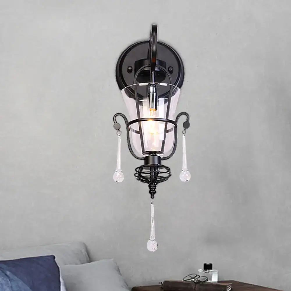 Modern flared black metal wall lamp with crystals bedroom sconce