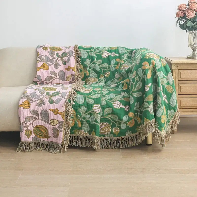 Modern floral teal & cream cooling cotton blanket bedroom throw