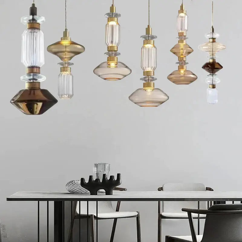 Modern geometric amber & clear glass chandelier dining room light