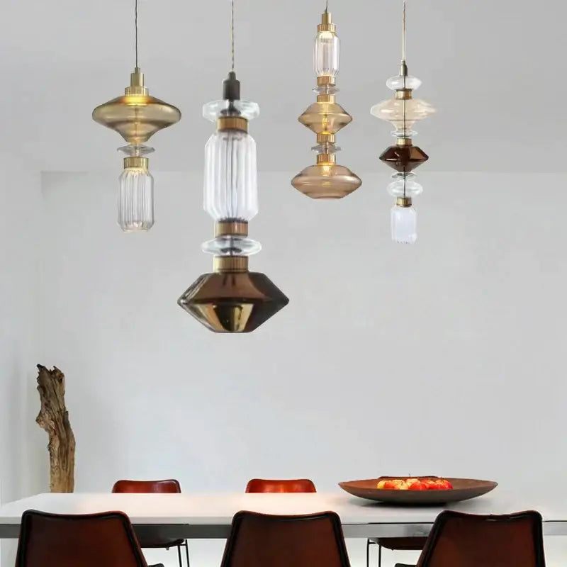 Modern geometric amber & clear glass chandelier dining room light