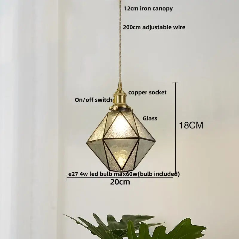 Modern geometric blue glass and brass pendant light – dining room