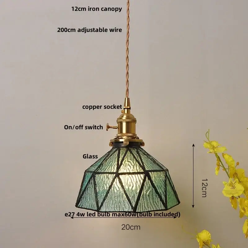 Modern geometric blue glass and brass pendant light – dining room