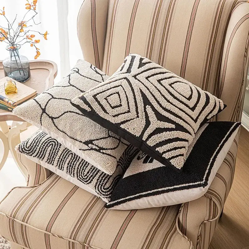 Modern geometric embroidered cushion cover black & cream living room